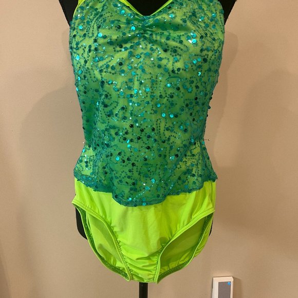 Child Bright green with blue sequin dance costume - Picture 5 of 5